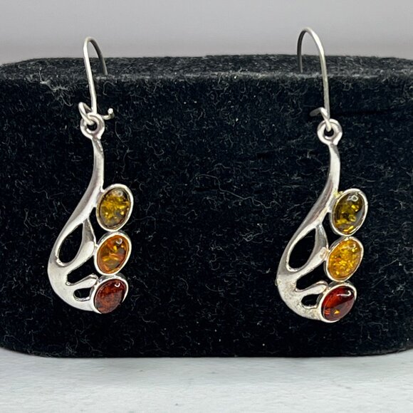Amber Sterling Silver 925 Drop Earrings Jewelry With Multicolor Oval Cabochons - Picture 6 of 11